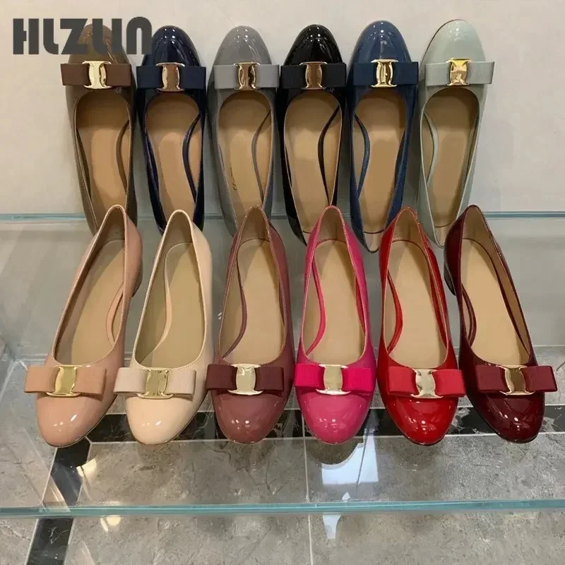 

Ballet flats new leather round head shallow bow multifunctional single shoes women's leather bow bow design women's code