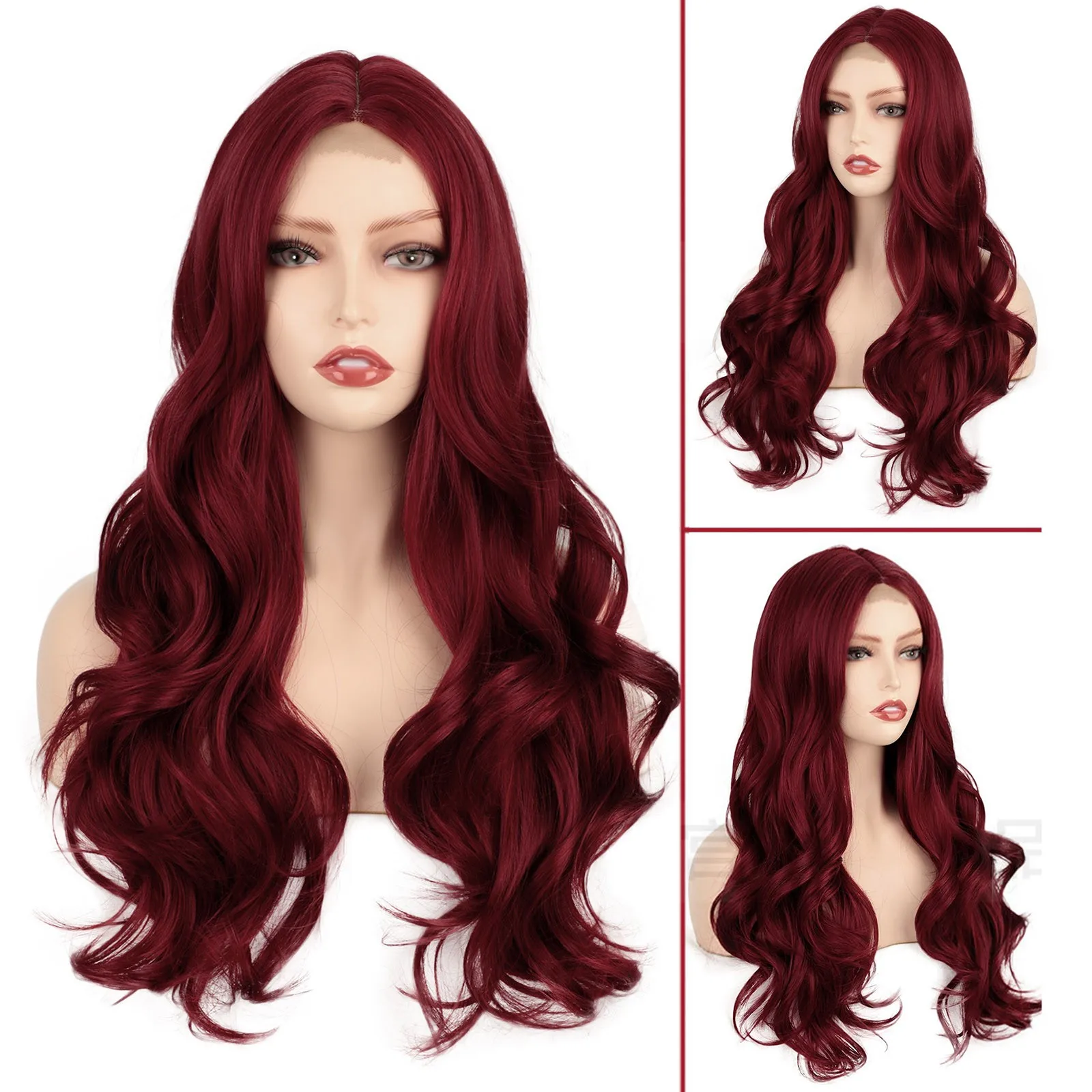 Women Hair Products Long Wine Red Lace Front Wig For Women Middle Parts Long Wavy Human Hair Wig With Lace Front Wig Dry Hair