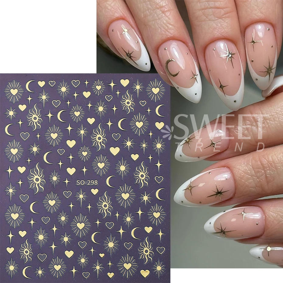 6pcs Bohemian Style Nail Stickers Silver Black Gold Laser Star Moon Heart Shape Design Nail Decal DIY Manicure Slider Decoration
