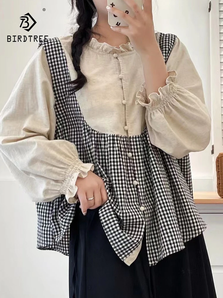 

New 2025 Autumn Cotton Linen Long Sleeve Shirt, Women Ruffled Plaid Patchwork, Mori Girl Sweet Chic Loose Doll Blouse T59160CC
