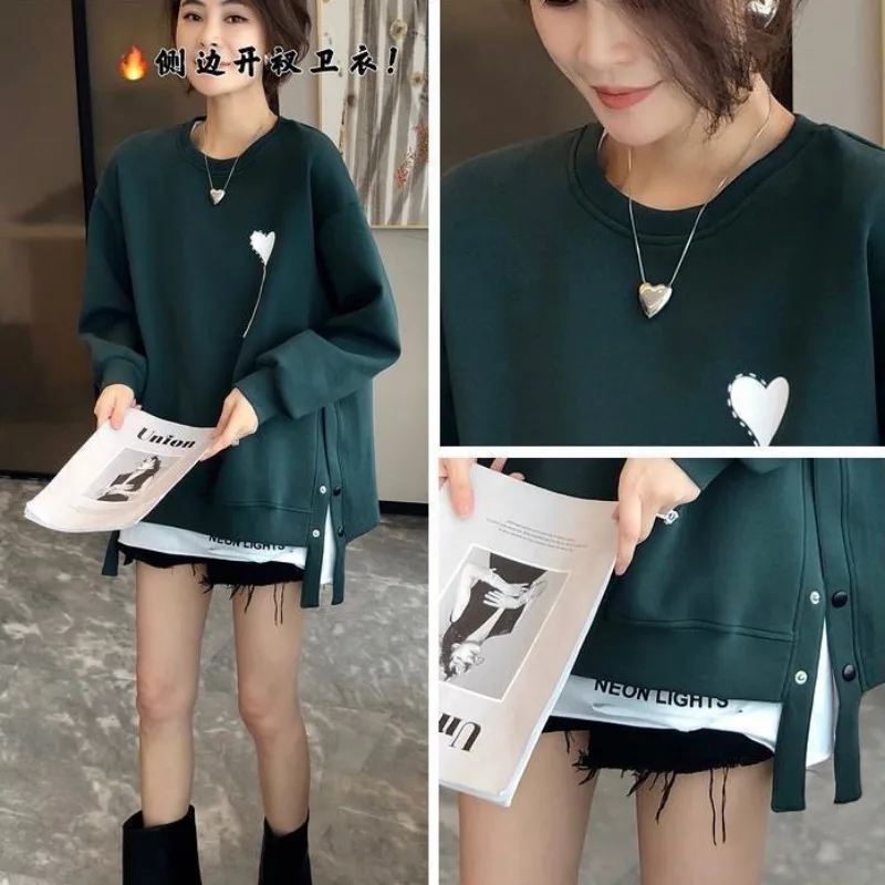 Casual Sweatshirts Women Plus Velvet Thicker Winter Warm Plus Size Korean Fashion Side Slit Clothes All-match O-neck Pullover