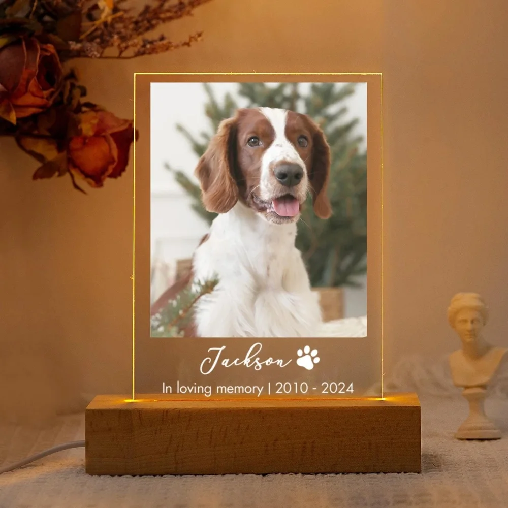 

Personalized Pet Memorial Plaque Custom Photo and Name Engraved Acrylic with Wooden Stand Sympathy Gift for Loss of Dog Cat