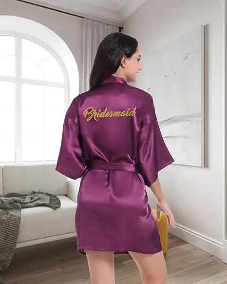 Bridal Get-Ready Satin Kimono Robe with Gold Lettering