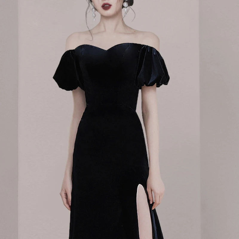 Customized High End French Birthday Party Dresses Solid Temperament Off The Shoulder Slim Mid-length Side Split Gown Popular Ban