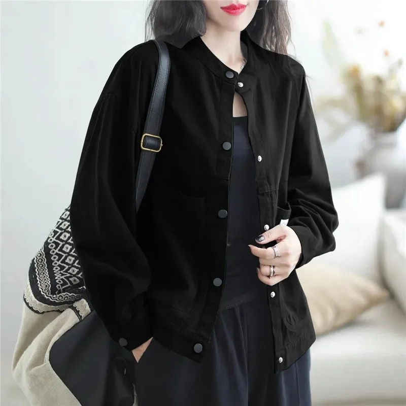 New 2024 Spring Autumn Coat Pure Cotton Solid Color Jacket For Women\'s Retro Loose Versatile Fashion Large Pocket Coat Top Femal