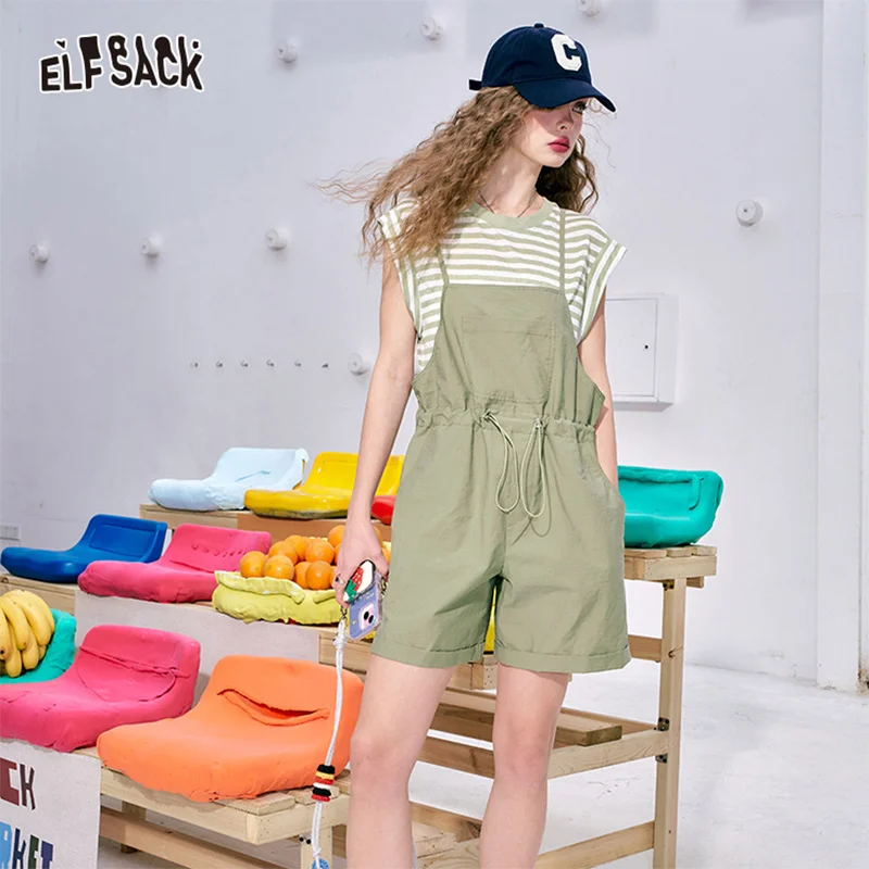 ELFSACK 2024 summer new arrival Green striped color matching small age-reducing striped short-sleeved bib shorts two-piece suit