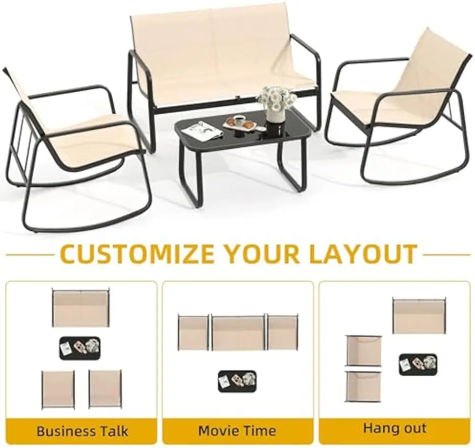 Set furnitur teras 4 buah, dengan kursi Bistro goyang dan meja kaca, kain Textilene Set furnitur percakapan luar ruangan kecil