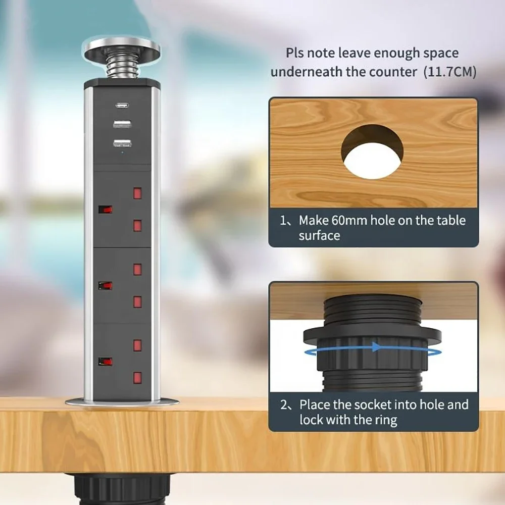 Imagem -04 - Plugue Elétrico Usb Tipo-c Tomada Pop up Tiras de Força de Tração de Mesa Oculta Extensão com Fio para Casa Mesa Escritório Cozinha uk