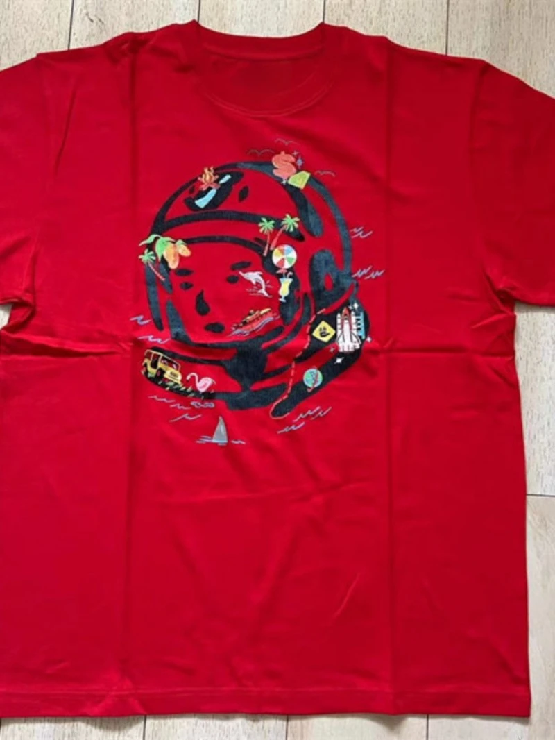 ​ ​ Мужская футболка, шлем астронавта, тропический принт, пальмы, пляжный зонтик, винтажная контрастная хлопковая футболка, остров, жизнь, отдых