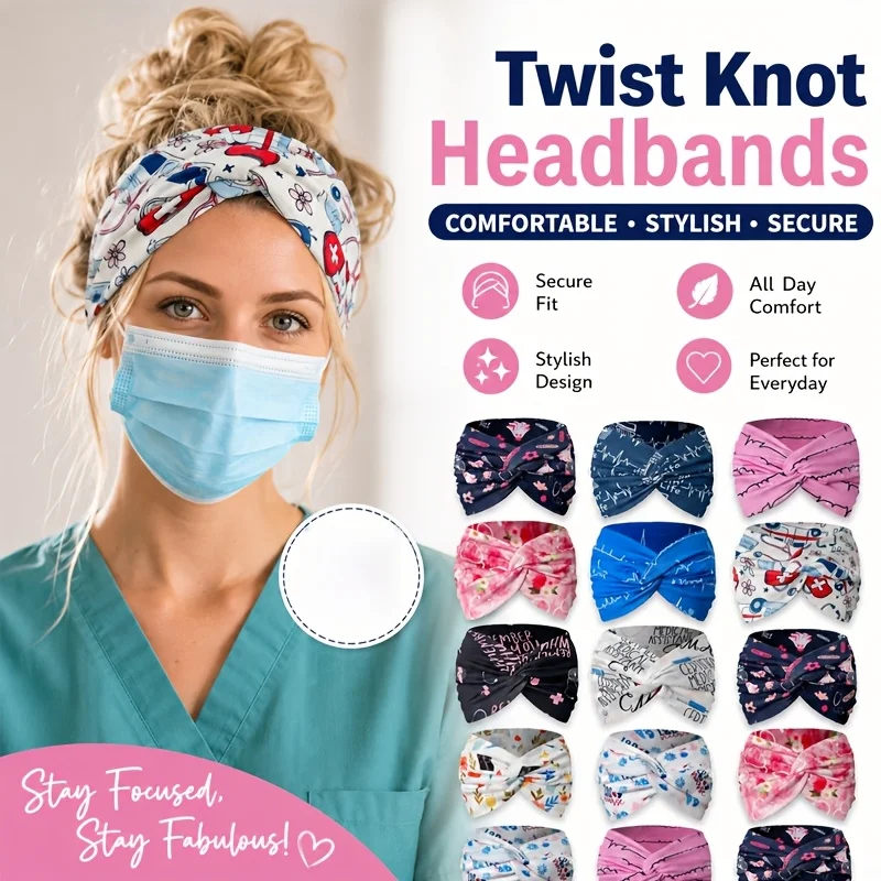 4pcs/Set Nurse's Day Printed Cross Elastic Headband with Button Anti Pinch Mask Headscarf for Doctors Nurses Daily Hair Tying
