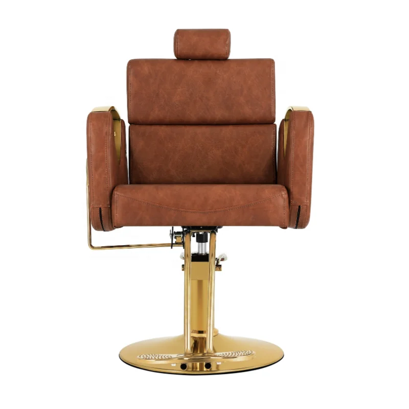 Gold Brown Hair Salon Furniture 360 Rotate Lift Armchair with Stainless Steel Handrail Hairdressing Chair for Salon
