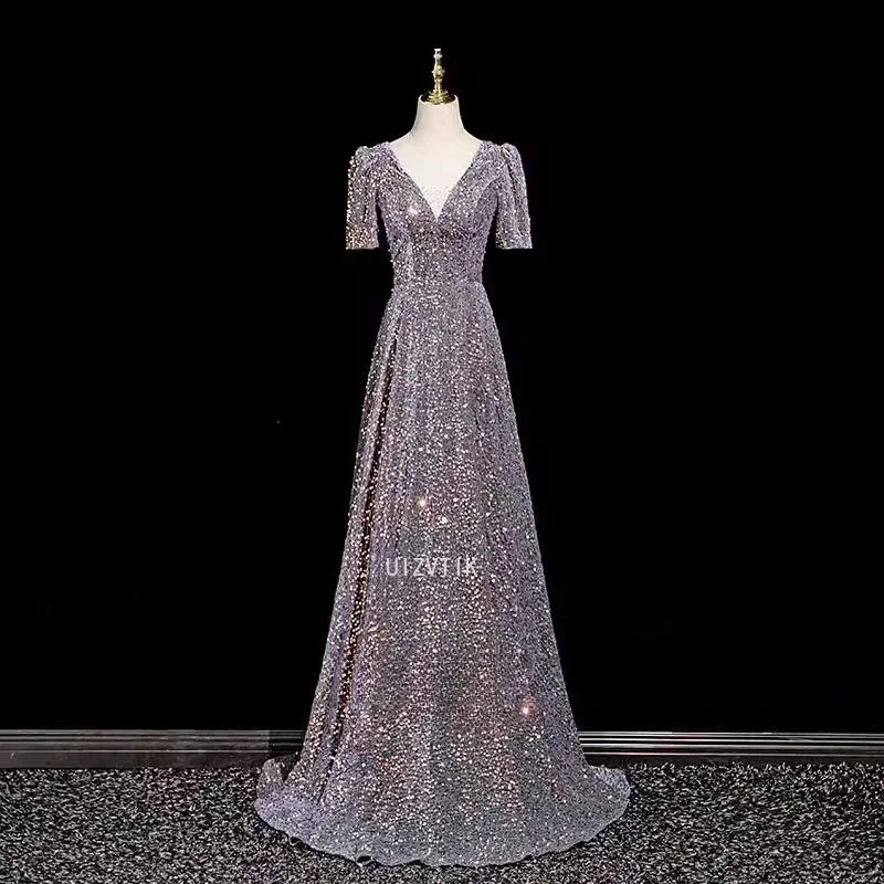 Glanzende Pailletten V-hals Galajurk Nieuwe Stijl Banket Franse Lace Up Jaarvergadering Gastheer Jurk Kostuum Vrouwen Lange Feestavondjurk