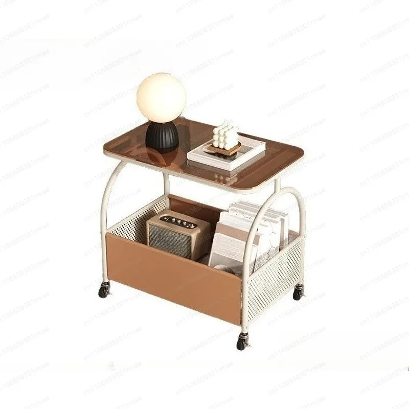 Processing sofa side cabinet tempered glass living room coffee table bedroom bedside table with wheels movable - view 2
