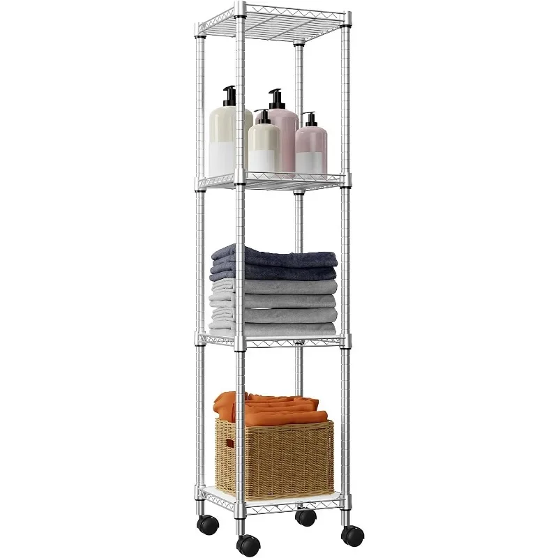 

Storage Shelves Adjustable, 4 Tier Shelving Units for Storage with Wheels, Corrosion Resistant Wire Shelving Unit for