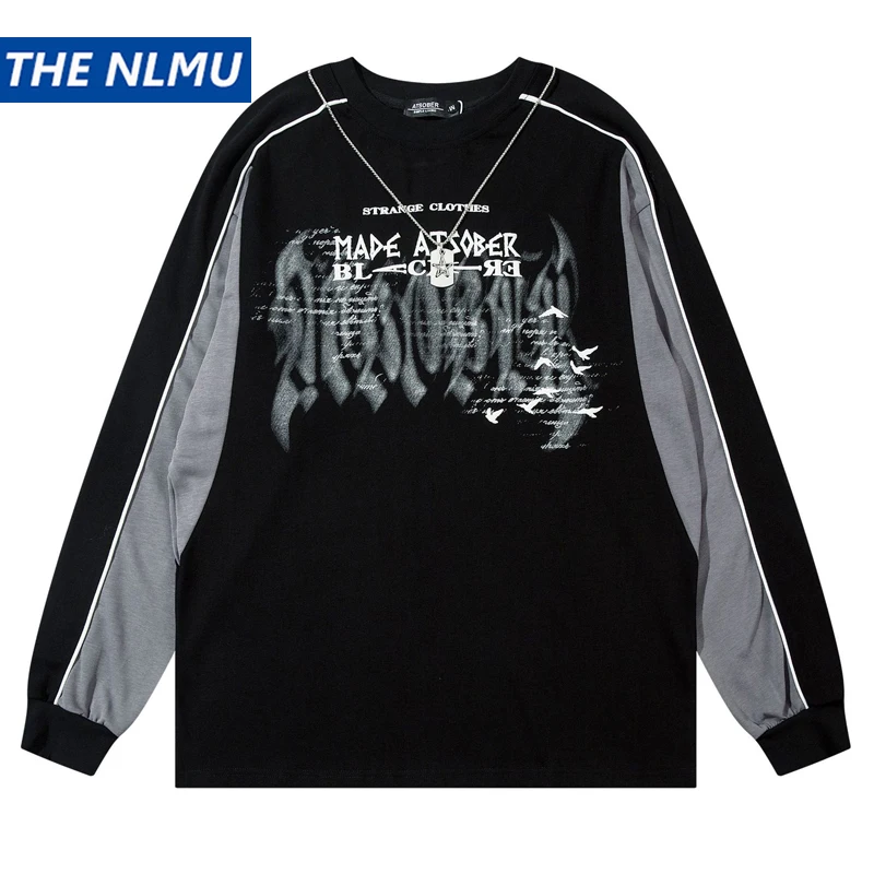 Men Long Sleeve T Shirts Streetwear Lettter Graphic Printed Tshirt Y2K Harajuku Punk Cotton Loose  Long Sleeve Tees Tops