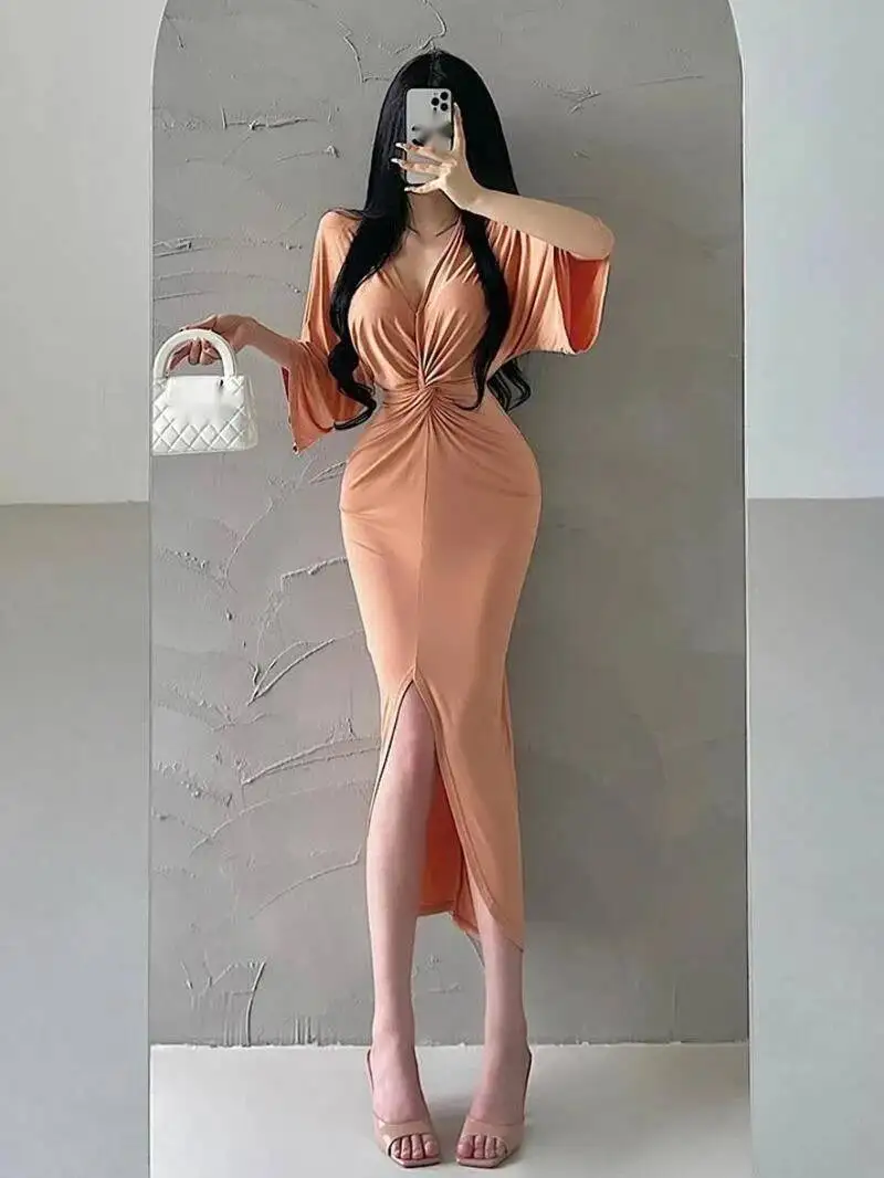الخريف فضفاض فستان طويل غير رسمي الخامس الرقبة الملتوية حزام الخصر سبليت فستان أنيق برتقالي وردي فساتين ضئيلة المرأة 2024 جديد أعلى 07PM