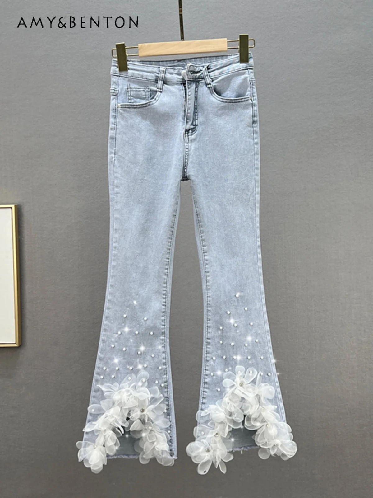 

European Goods Fashion Heavy Industry Beads Jeans Women 2024 Spring Summer New High Waist Slim Stretch Split Bell-Bottom Pants