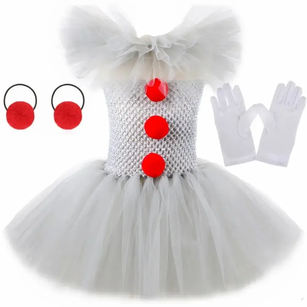 Girls White Clown Tutu Dress Kids Sparkly Mesh Tulle Costume with Gloves Pom Pom Hair Bands for Halloween Cosplay Party