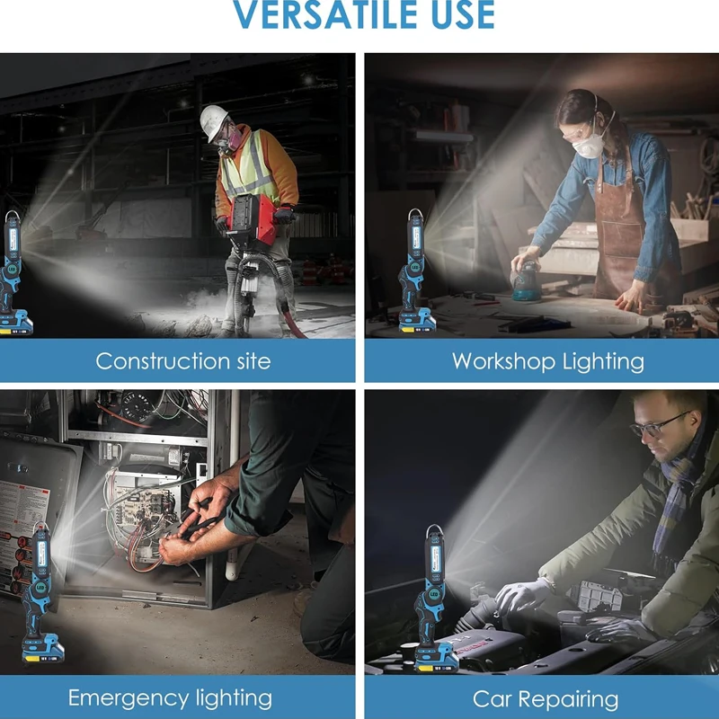 マキタ18Vリチウムイオンバッテリー対応 コードレスLED作業灯 フック付き 回転ヘッド 1200ルーメン 折りたたみ式ライト 作業場 キャンプ アウトドア用