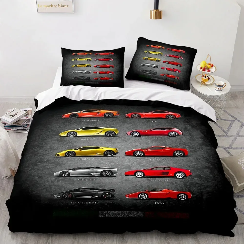 Sports Car King Queen Duvet Cover Cool Colorful Supercar Pattern Bedding Set for Men Adult Race Car 3pcs Polyester Quilt Cover