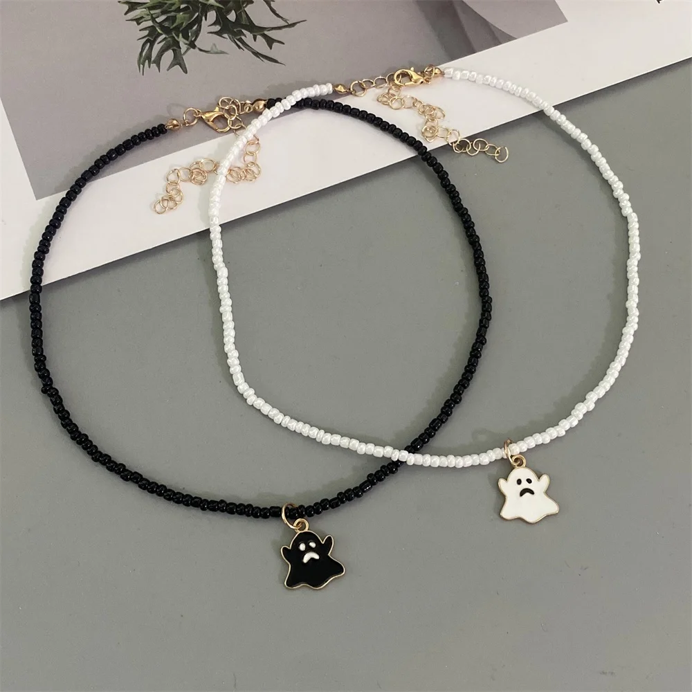 New Halloween Pendant Choker Necklace Pumpkin Ghost Cute Necklace Handmade Rice Beads Popular Holiday Neck Jewelry