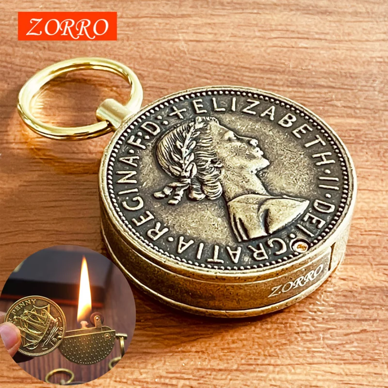 ZORRO Retro Coin Keychain Kerosene Lighter Collection Funny Exquisite Portable Cute Lighters Smoking Accessories Gadgets For Men