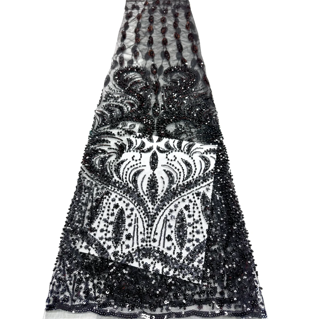 

High Quality French Tulle Lace Fabric Bead Sequin Linear Embroidery Mesh For Handmade Wedding Bridal Dress Sewing Women Couture