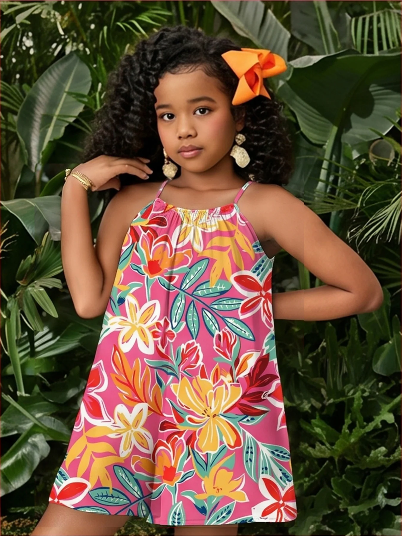 Kids Casual Comfortable Sleeveless Jumpsuit with Suspender Square Collar Flower & Leaf Print Elastic Waist Shorts for Children