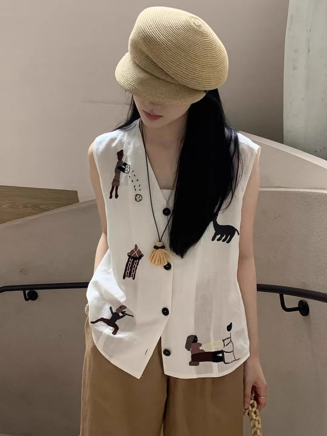 

Хлопково-льняной жилет с вышивкой Ele, женский летний свободный легкий верхняя одежда, удобный дышащий топ с v-образным вырезом