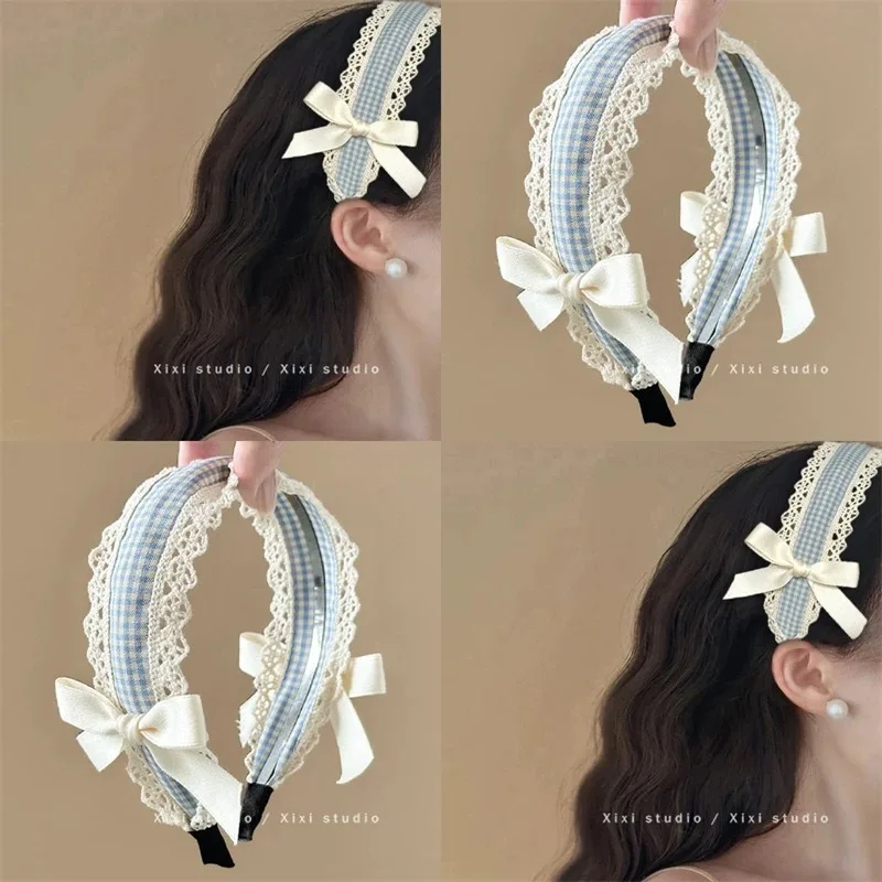 

Plaid blue cute lace versatile headband for summer sweet and fresh, niche bow headband Lolita new style