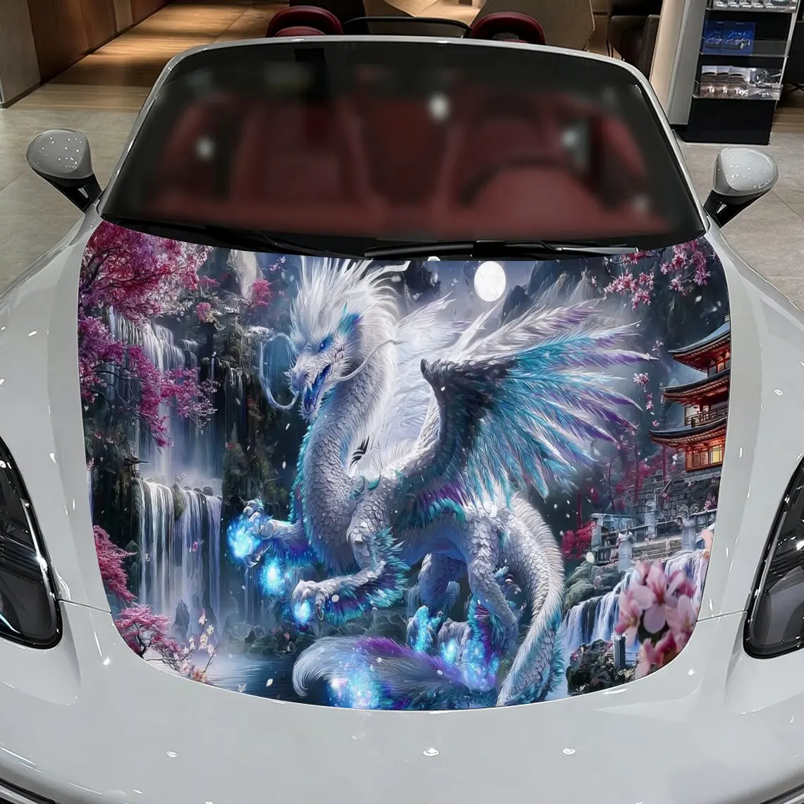 غلاف فينيل لسيارة التنين الإلهي باللون الأزرق من Cherry Blossom Ancient Building، ملصق غطاء السيارة المقاوم للماء من مادة PVC، ذاتية اللصق