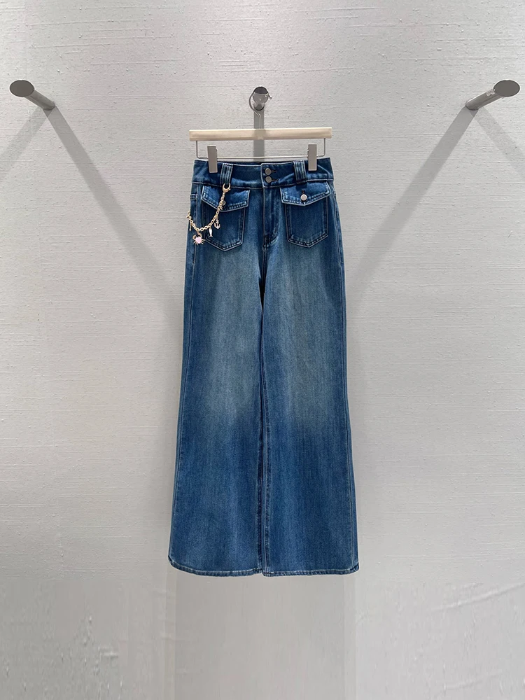 

Spring Autumn Fashion Daily Casual Loose Cowboy Wide Leg Trousers Women's Metal Chain Ornament Multi Pocket Bleaching Jeans
