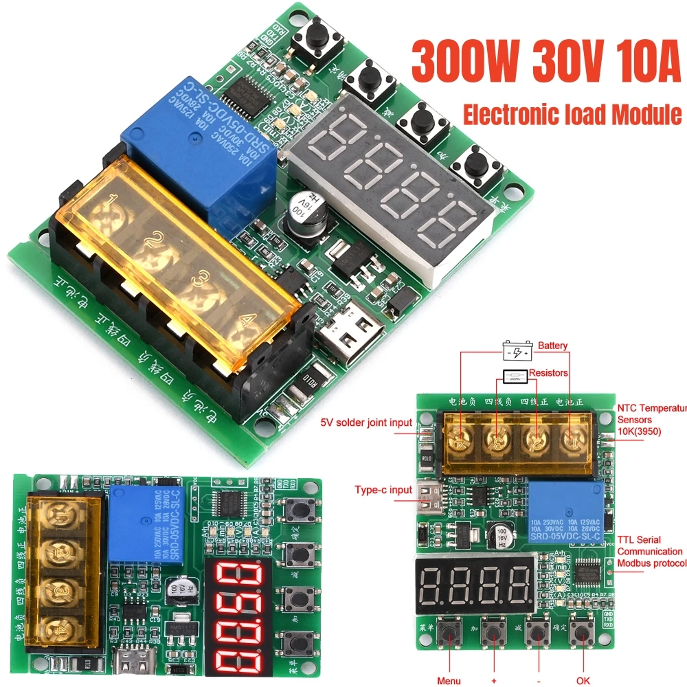 300W 30V10A 18650 Lithium Battery Capacity Tester/Meter Resistance Discharge Electronic load TTLserial port Modbus Communication