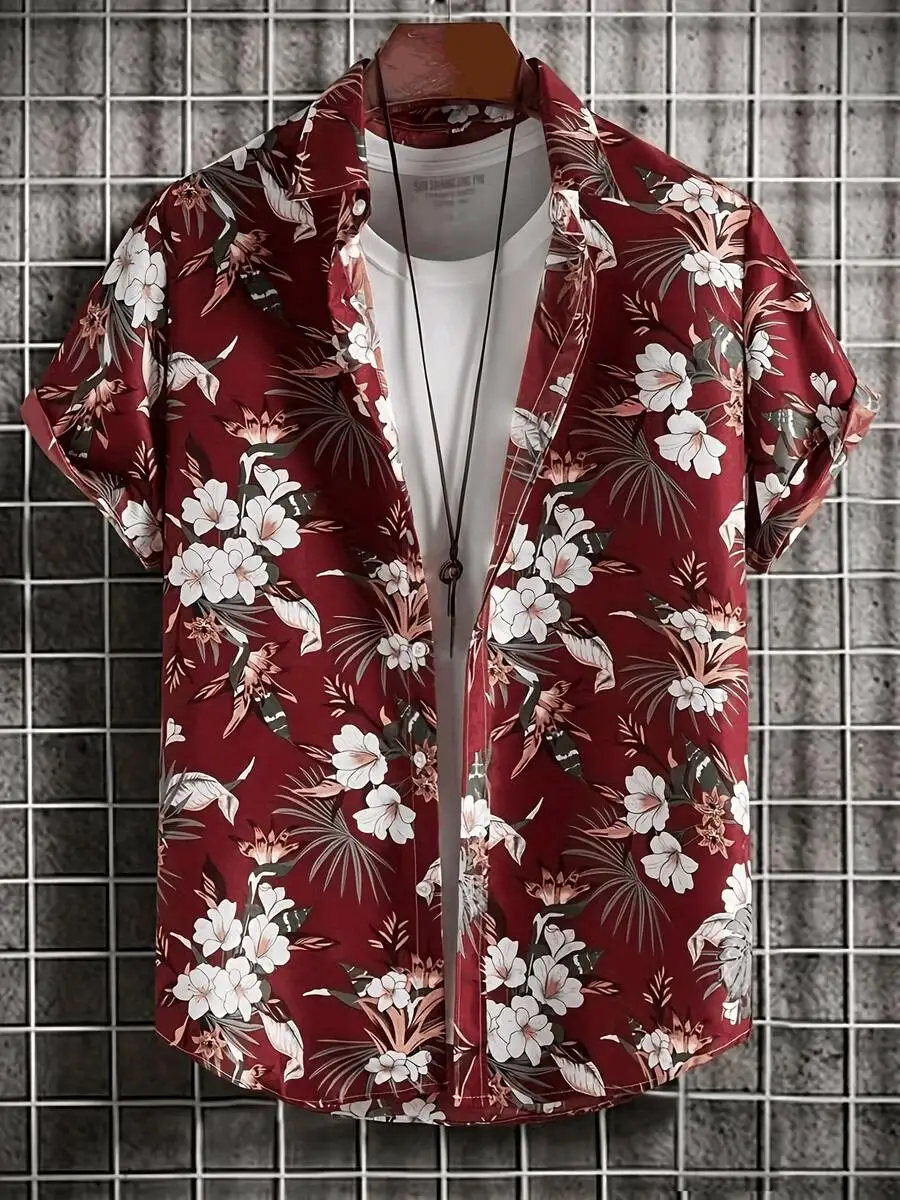 

Mens Casual Hawaiian Floral Print Short Sleeve Shirt Red Polyester
