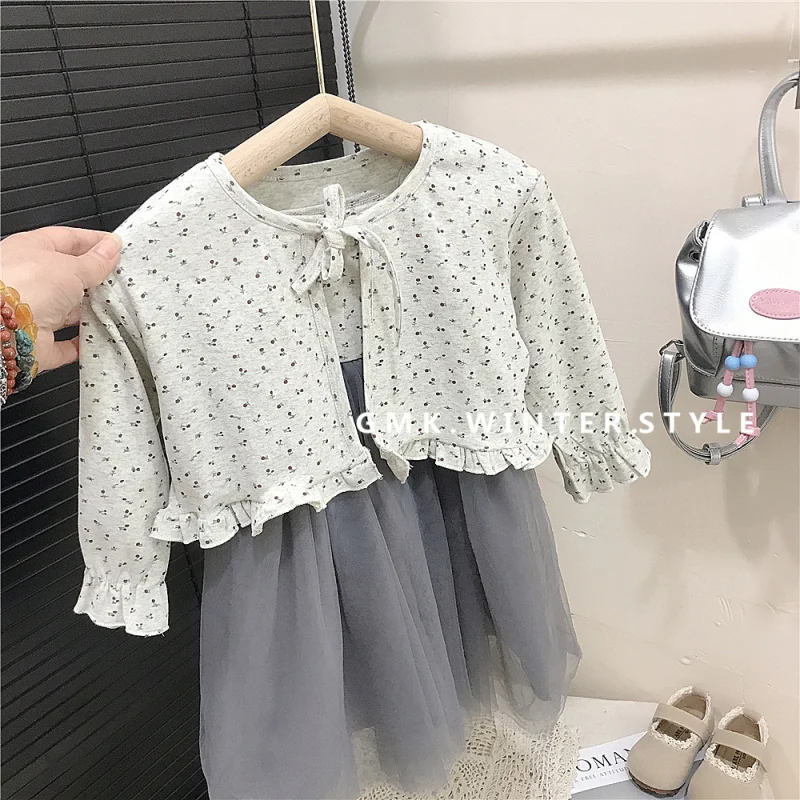 

Girls' Spring and Autumn Cherry Gauze Dress Set Princess Dress New Baby Girl Strap Dress Two-Piece Set