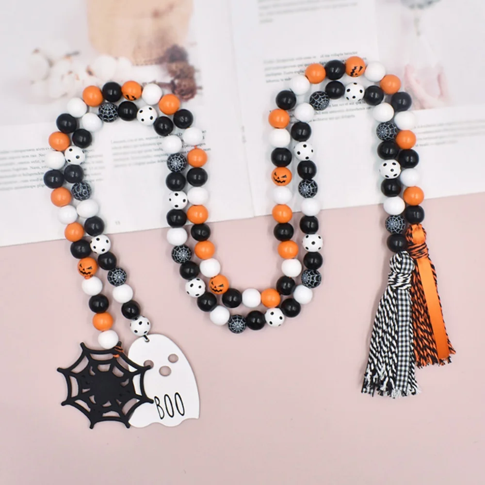 Halloween Wooden Bead Garland with Tassels Farmhouse Beads Rustic Wood Beads Fall String Wall Hanging Ornament for Home Decor