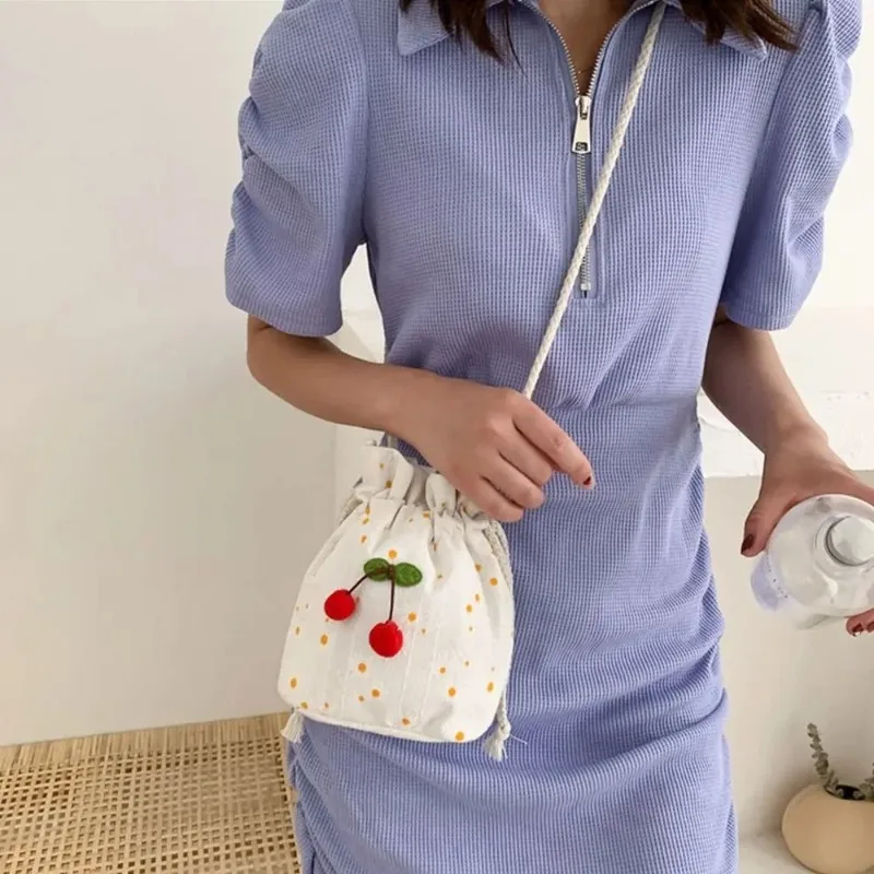 Women's Summer Simple Casual Small Satchel Women's Fashion Shoulder Bag Cute Canvas Cherry Bucket Bag