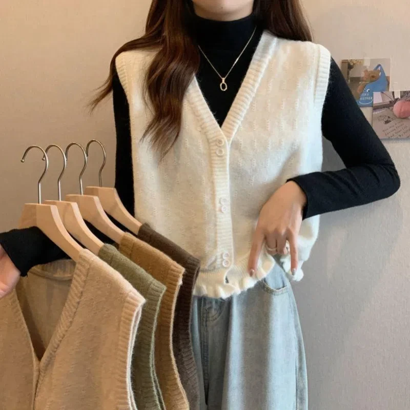 Women New Sweaters Vest Spring Ruffles Ingle-breasted Cardigans Sleeveless Solid Color V-neck Chic Basic Knitted Pullovers Tops