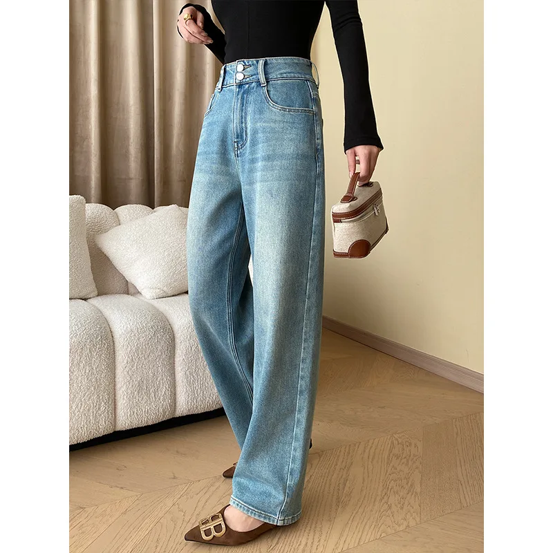 

Women Denim Jeans Solid Jean Pocket Button Zipper Fly Full Length Empire Waist Wide Leg Pants Loose Casual 2025 Autumn Winter