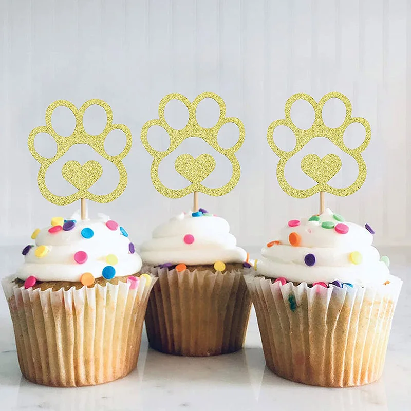 Dog paw print cupcake tops, puppy birthday party decorations, pet themed party cake decorations