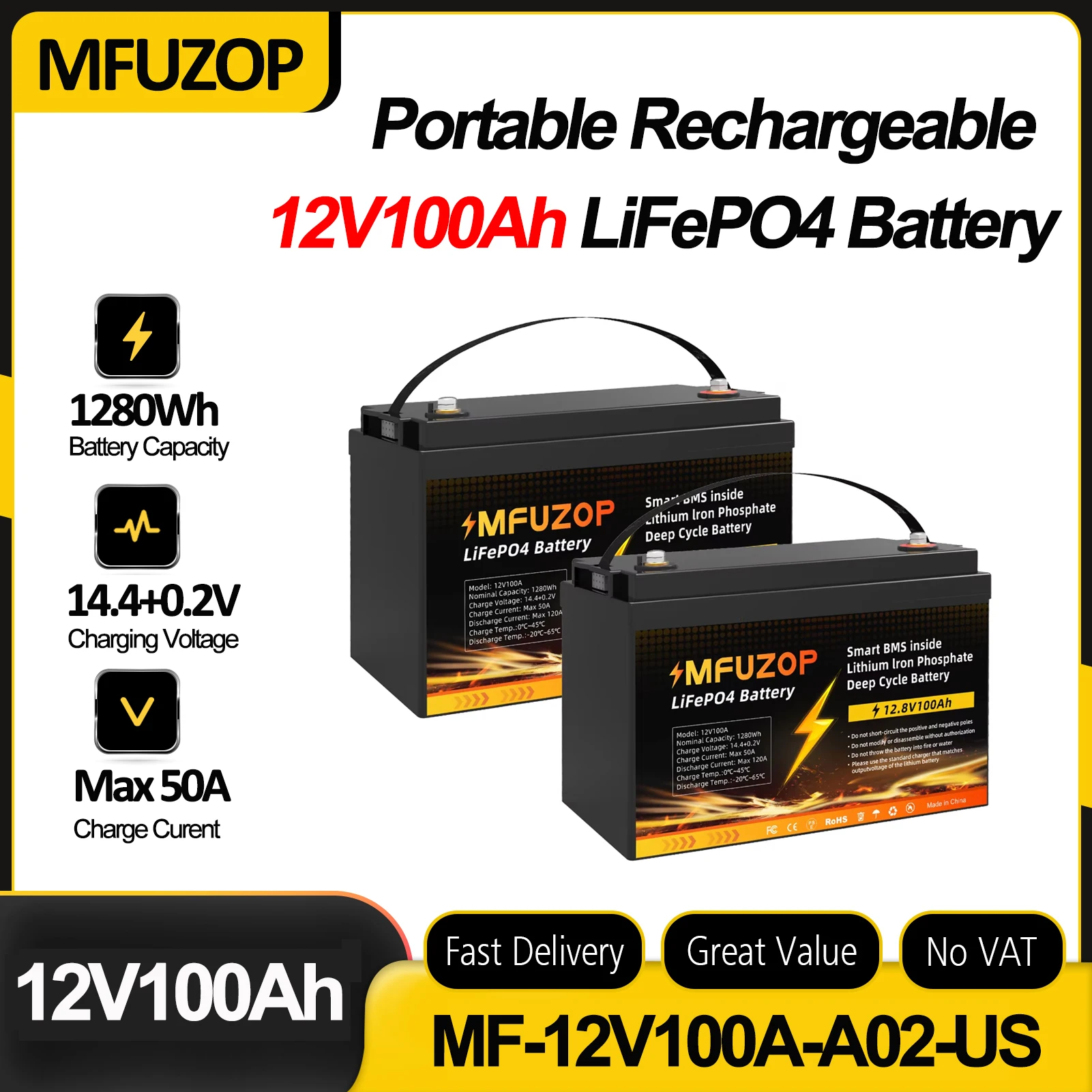

Портативная перезаряжаемая батарея MFUZOP 12V100Ah LiFePO4 с интеллектуальной системой BMS для глубокого разряда, для автодомов и солнечных систем