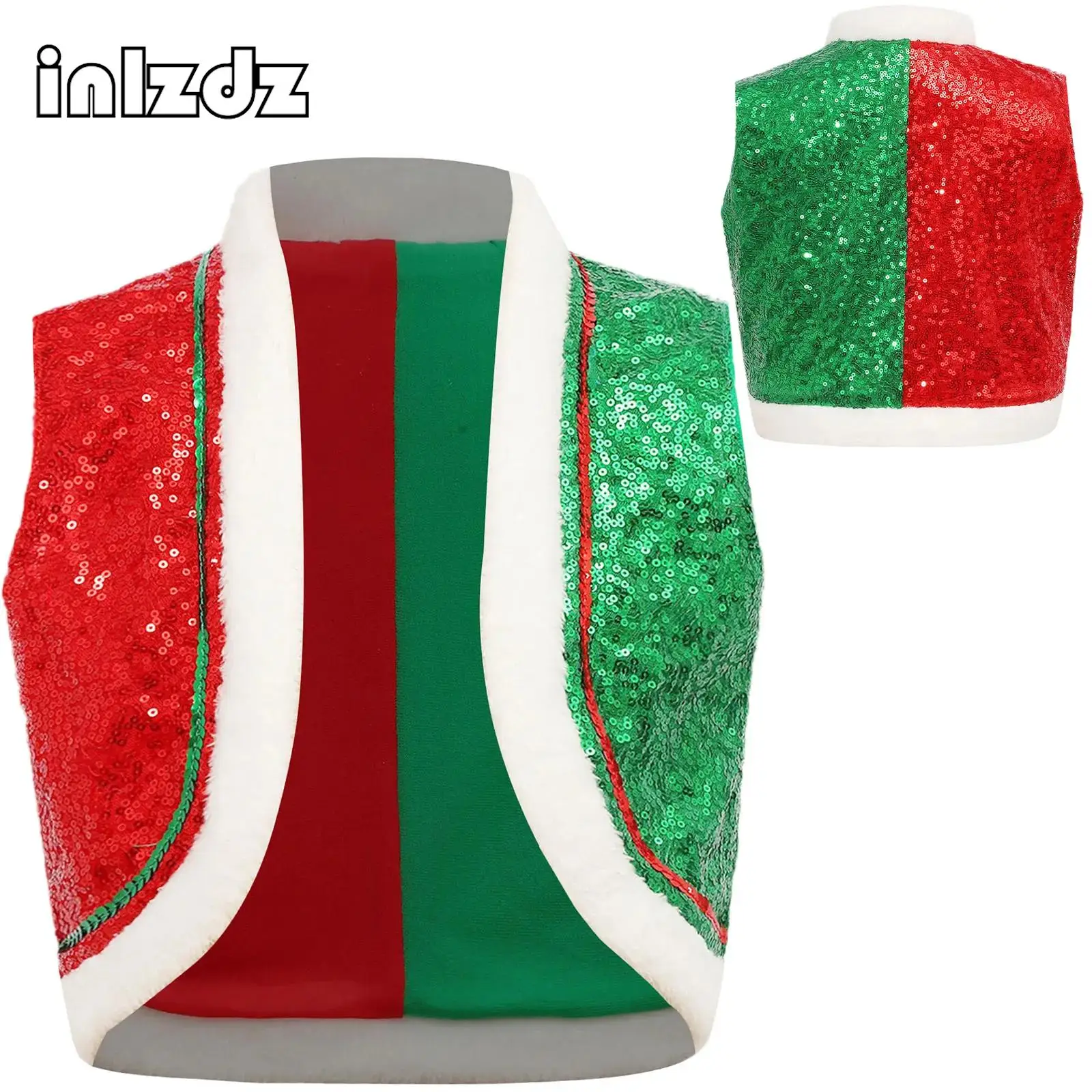 Boys Girls Christmas Costume Color Block Sequins Vest Waistcoat Tops Open Front Coat Jacket for Santa Elf Role Play Performance