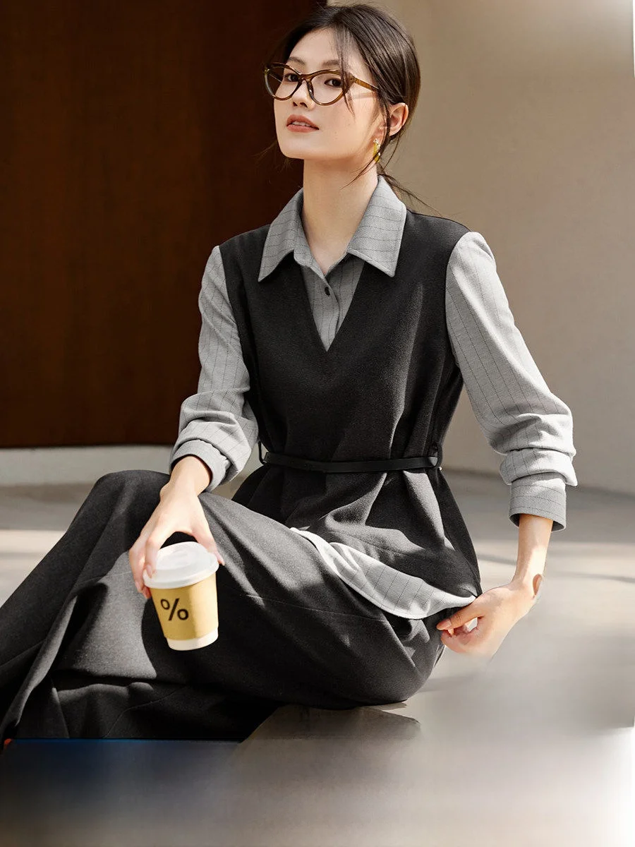 

XWI Formal Striped Shirt Collar Fake Two-Piece Set Women's Spring Work Commute Fashionable Ensemble Long Sleeve Universal Fit