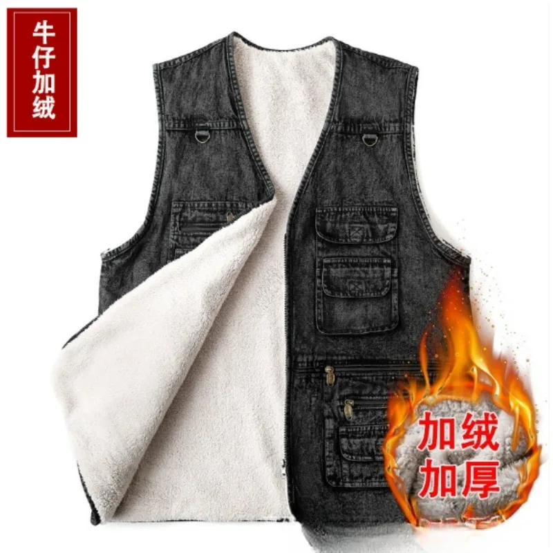 Men's vest Outerwear Denim Waistcoat Deep Blue Color Plus Size Sleeveless  Jacket Multi-pocket size XL to 7XL