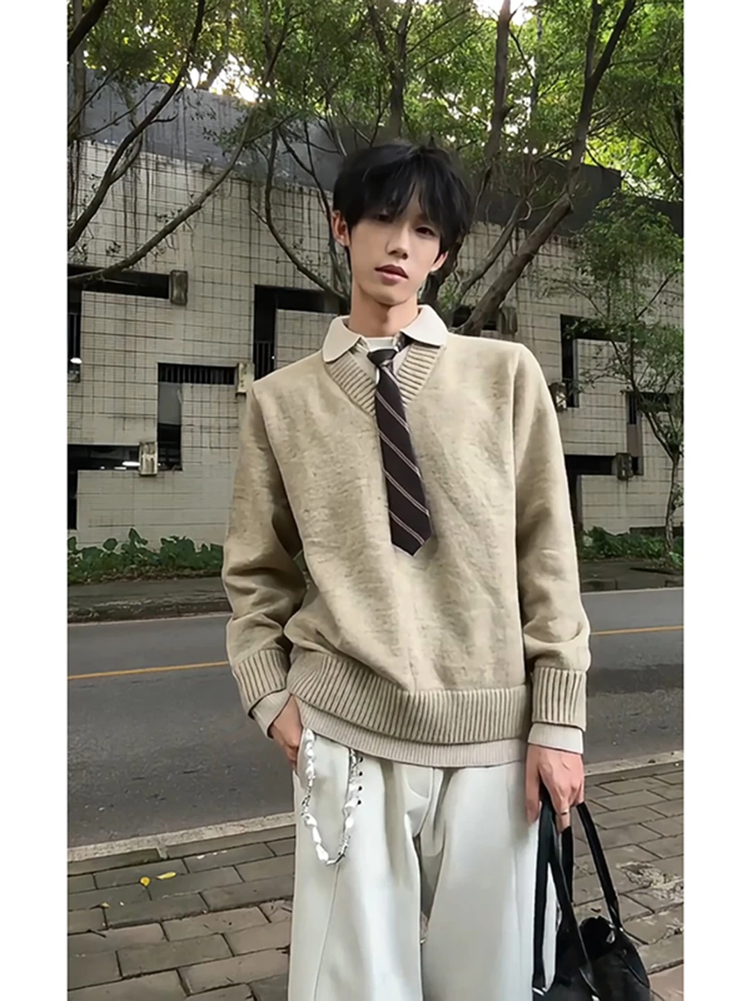 

Мужской вязаный свитер цвета хаки с воротником, осенне-зимний, в американском стиле, имитация двухслойности, для подростков и молодежи