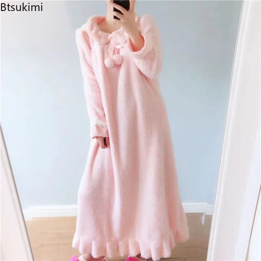 2025, Damen-Nachthemd aus dickem Flanell, Herbst und Winter, warm, einfarbig, langärmelig, Spitze, Nachtwäsche, neues süßes Mädchen-Nachthemd