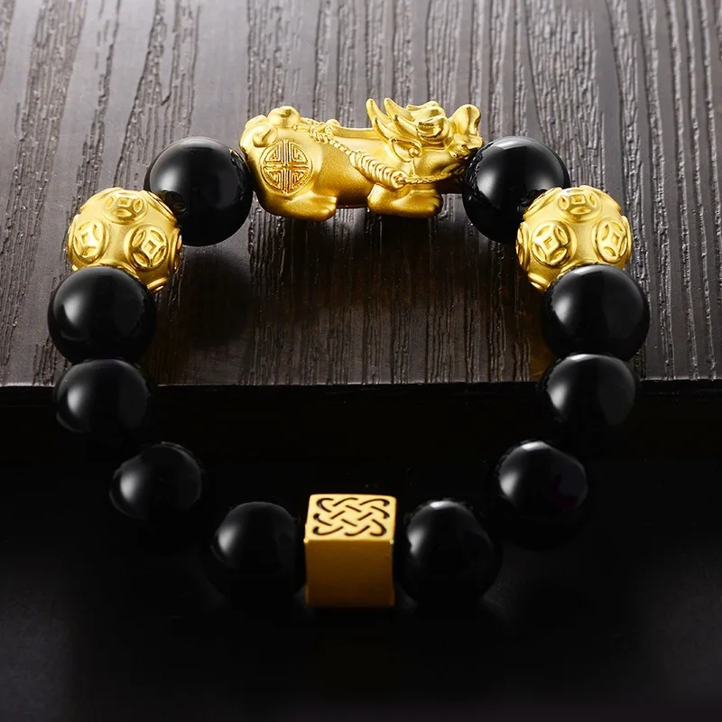 

Mens and womens 18K gold bracelet obsidian money Pixiu bracelet AU750 to attract wealth