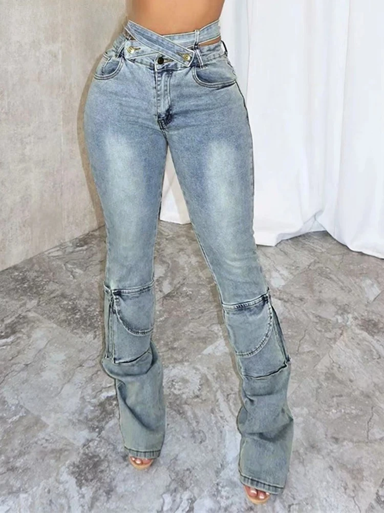 

Потертые джинсы нестандартной формы, женские узкие эластичные уличные брюки с застежкой-молнией на талии и несколькими карманами, осенний тренд