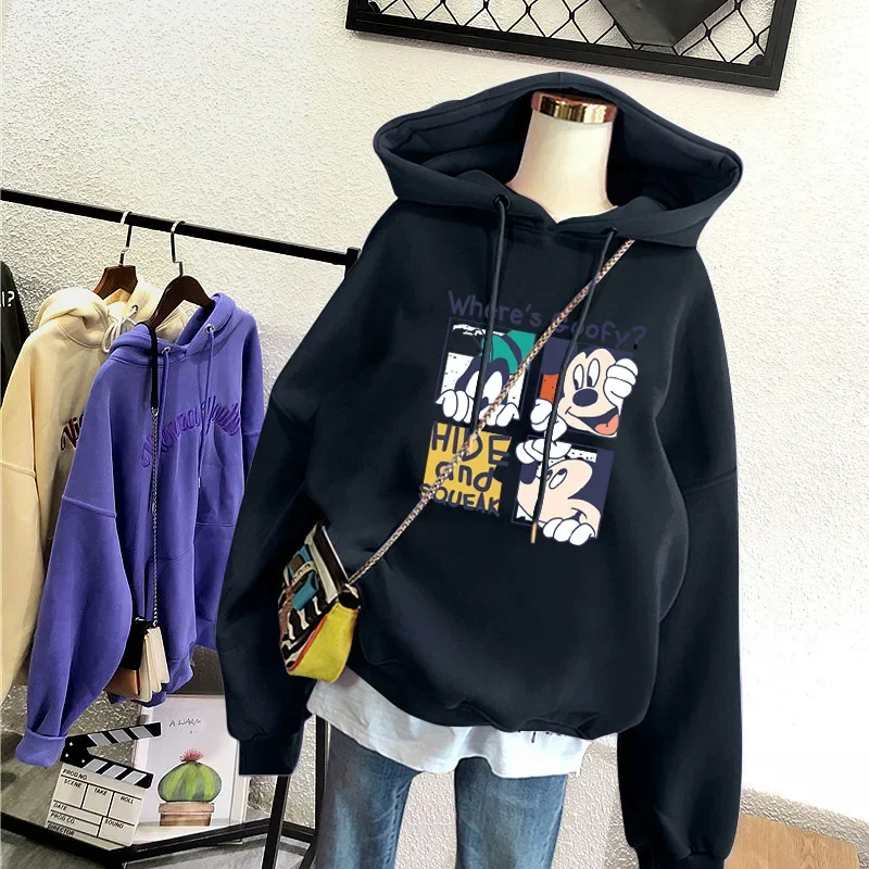 2024 New Autumn/winter Letter Sweatshirt Top Fleece-lined Thickened Korean Version Loose-fit Cartoon Hooded Cartoon