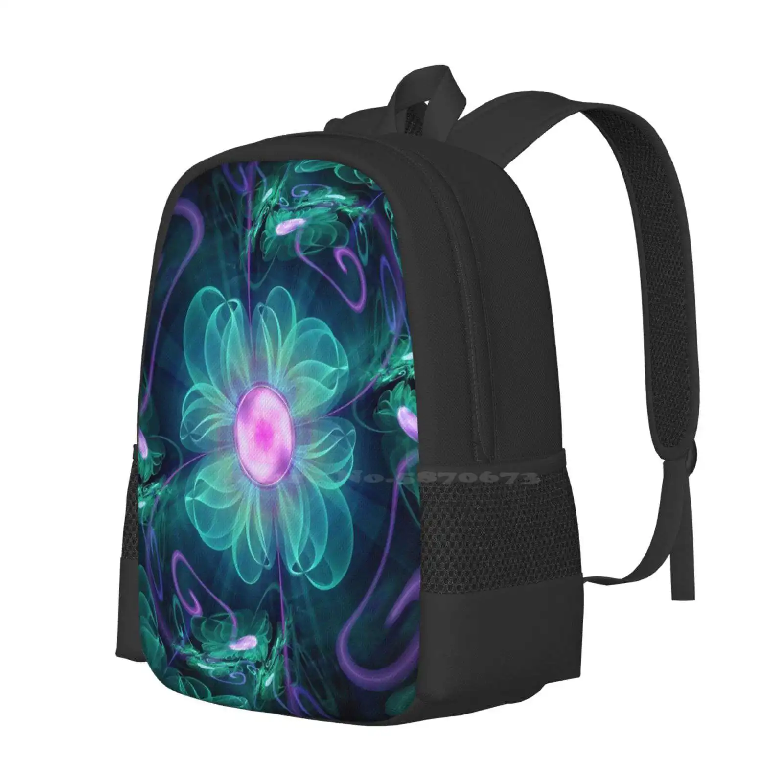 The Enigma Bloom , An Aqua-Violet Fractal Flower Fashion Pattern Design Travel Laptop School Backpack Bag Beautiful Hypnotic